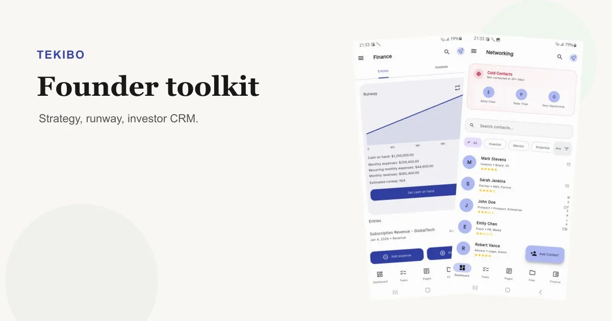 GrowPad screenshots showing finance and investor networking tools.