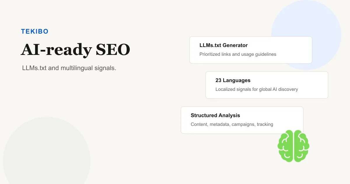 Kiboflow editorial image showing AI SEO signal cards and the product logo.