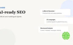 Kiboflow editorial image showing AI SEO signal cards and the product logo.